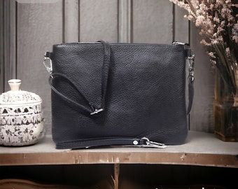 Bolso bandolera de piel suave y delgada con correa de muñeca adicional, bolso de piel italiana, bolso de mano de piel, bolso de viaje minimalista, bolso para festivales