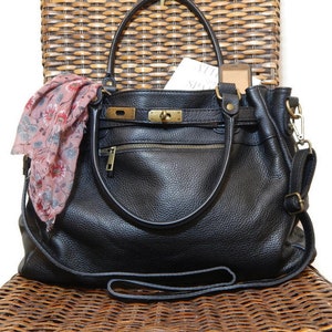 Black Leather Top Handle Bag, Soft Black Leather Bag, Womens Italian Leather Handbag, Vintage Leather Bag, Leather Handbag with Clasp image 3