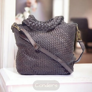 Genuine Leather Woven Handbag, Top Handle Leather Bag, Leather Crossbody Bag, Italian Leather Grab Handle Bag with Added Shoulder Strap