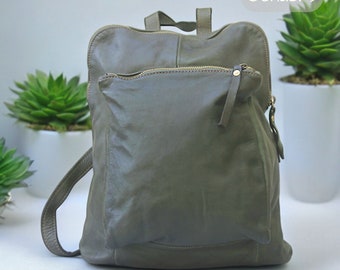 Versatile leather backpack in buttery soft green Italian washed leather. Worn as a  rucksack, shoulder bag or crossbody, Vintage Green Bag