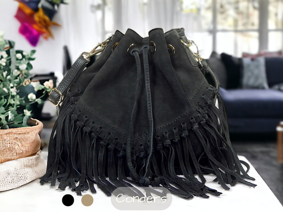 Leather and Suede Drawstring Bag With Fringes, Brown Duffel Handbag