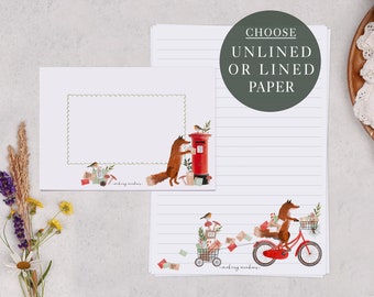 A5 Christmas Letter Writing Paper With Envelopes | Fox Writing Set With Postman Design | Lined or Unlined Paper | Stationery Gift Set