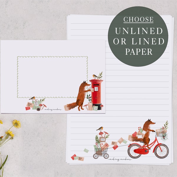 A5 Christmas Letter Writing Paper With Envelopes | Fox Writing Set With Postman Design | Lined or Unlined Paper | Stationery Gift Set