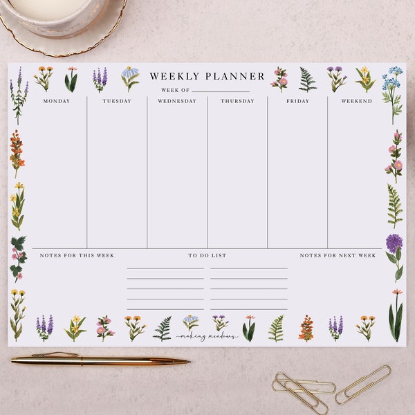 Wild Flower Weekly Planner desk Pad - 50 Tear Off Pages, perfect for planning the week and scheduling - A lovely stationery gift!