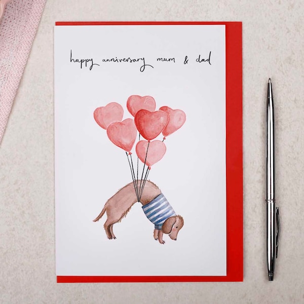 Happy Anniversary Mum & Dad Sausage Dog Card | Sentimental, Dachshund Dog With Heart Balloons Anniversary Card For Parents, Mother, Father