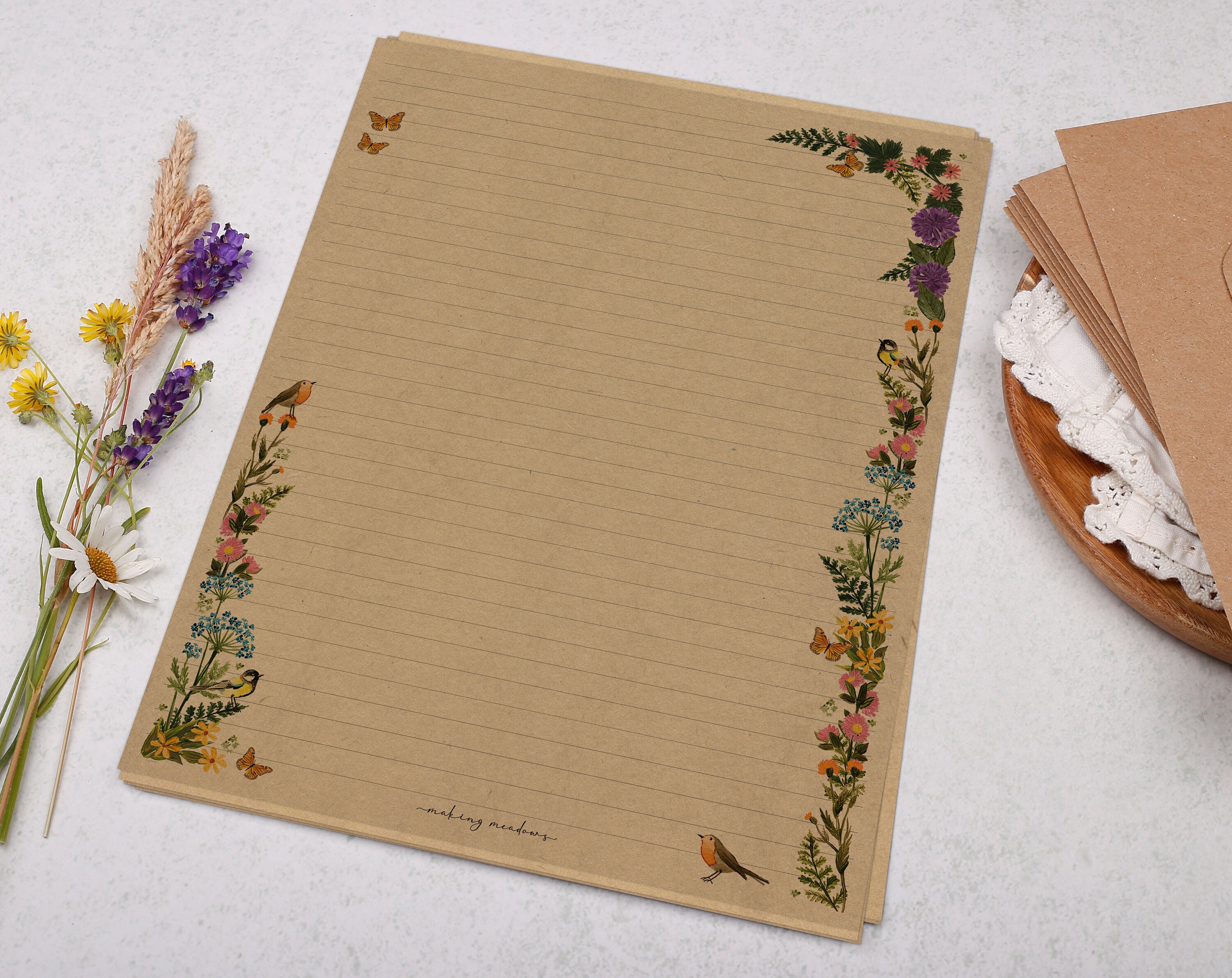 A4 Kraft Letter Writing Paper Sheets | Botanical Foliage Garden Border |  Lined or Unlined Paper | Stationery Gift or Thoughtful Present