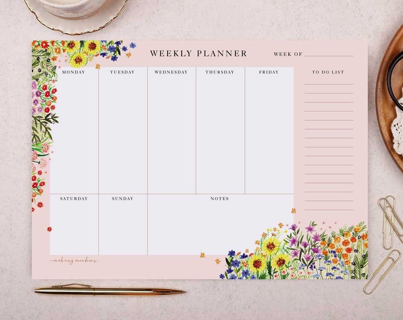 Weekly Planner Pad With Pink Floral Design - Office Desk Scheduling ...