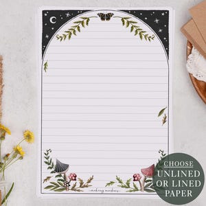 A5 Letter Writing Paper Sheets | Celestial Moon, Star, Moth & Mushroom | Lined or Unlined Paper | Stationery Gift or Witchy Present