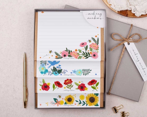 Letter Writing Set With Envelopes Gift Box or Flat Pack Options 32 Writing  Paper Sheets & 16 Kraft Envelopes in a Pretty Floral Design 