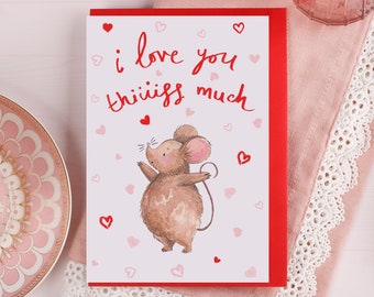 Cute 'I Love You This Much' Card for Husband or Wife | Traditional Watercolour Mouse | Funny Mice, Perfect For Anniversary or Valentine