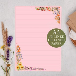 A5 Pink Letter Writing Paper With Floral Border - Lined or Unlined Stationery Set
