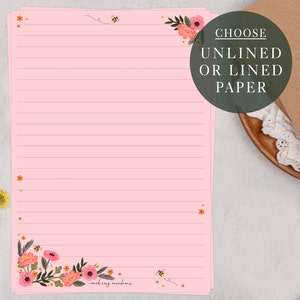 A5 Pink Letter Writing Paper Sheets | Pink Floral Border Flowers & Bees | Lined or Unlined Paper | Stationery Gift or Thoughtful Present