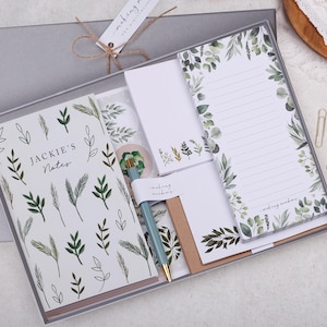 Personalised Botanical Stationery Gift Box - Notebook, To Do List Pad, Envelopes, Pen & Stickers