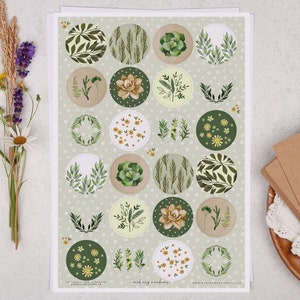 Botanical Stickers Sheet with Green Circle Botanics Leaf Sticker For Wedding Treat Bag Stickers, Envelope Seals, Letter Writing or Invites