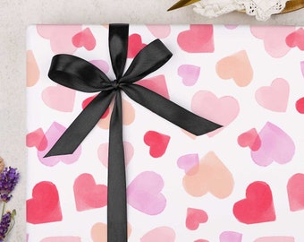 Wrapping Paper for Anniversary | Watercolour Hearts gift wrap | FOLDED single sheet wrap in a beautiful matt finish with added ribbon