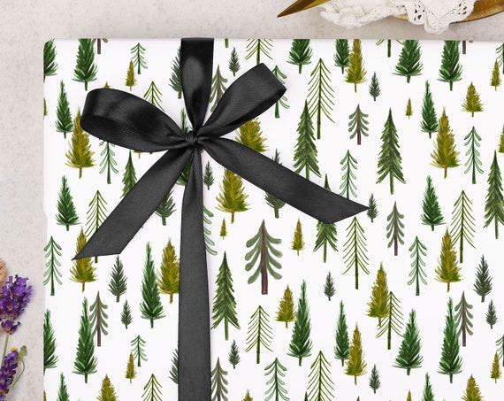 Black Winter Forest Christmas Wrapping Paper, Rustic Pine Tree Gift Wrap,  Snowflake Design Holiday Paper, Eco Friendly Matte Black Gift Wrap 