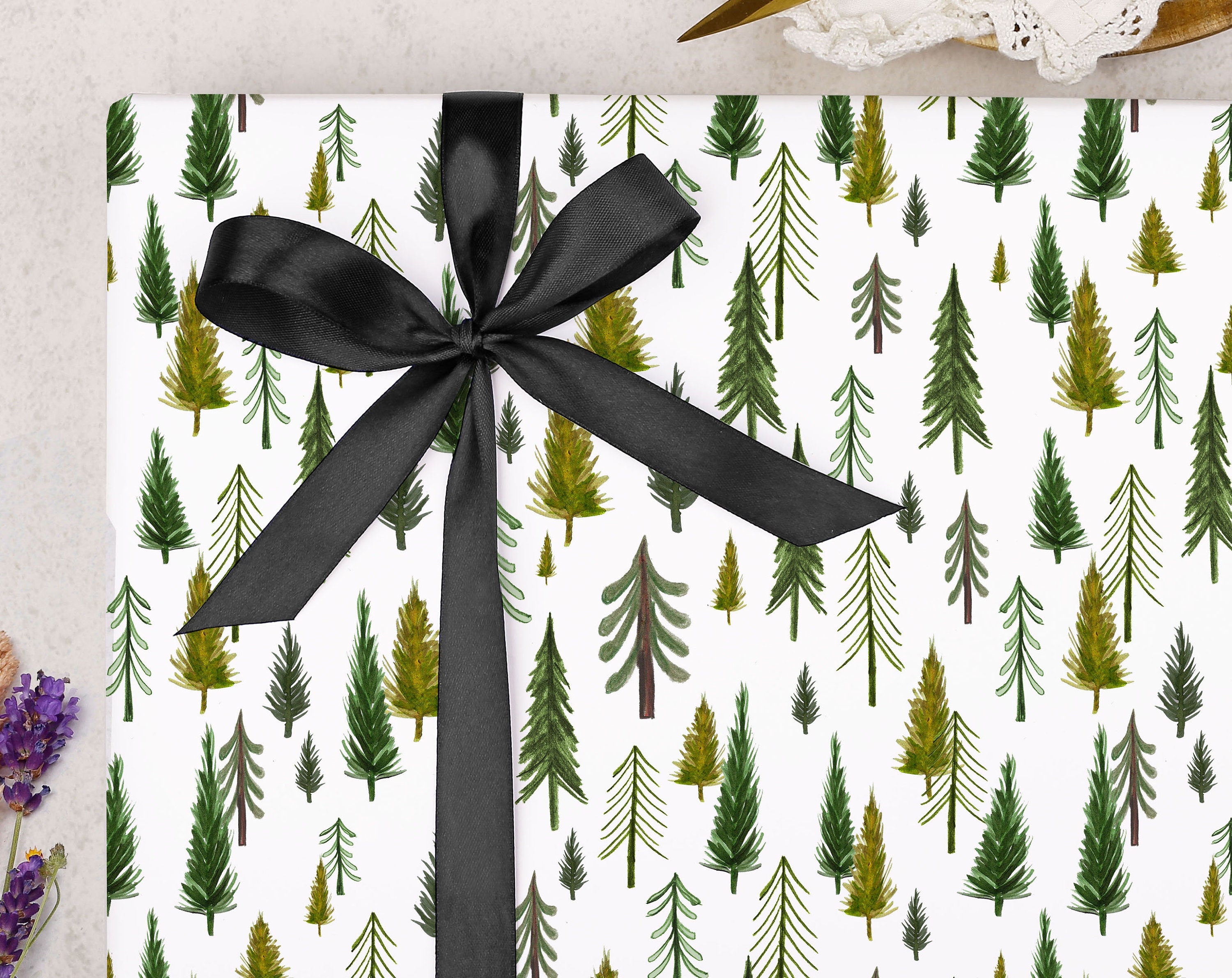 Watercolor forest green snow Christmas pine tree Wrapping Paper by Pink  Water
