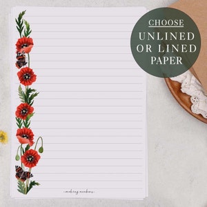 A5 Letter Writing Paper Sheets | Wild Floral Poppy & Butterfly Border | Lined or Unlined Paper | Stationery Gift or Thoughtful Present