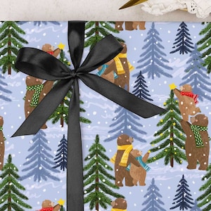 Christmas Wrapping Paper | Bears in the forest, children's gift wrap | FOLDED single sheet wrap in a beautiful matt finish with added ribbon