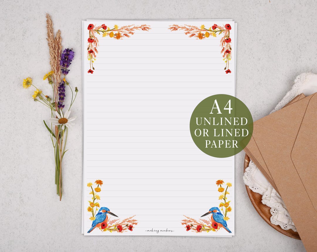 A4 Letter Writing Paper With Kingfisher Bird - Lined or Unlined ...