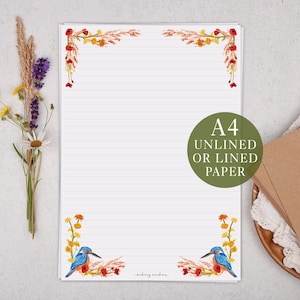 A4 Letter Writing Paper With Kingfisher Bird - Lined or Unlined Stationery Set