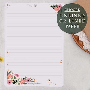 A5 Letter Writing Paper Sheets | Pink Floral Border Flowers & Bees | Lined or Unlined Paper | Stationery Gift or Thoughtful Present