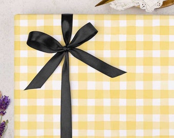 Wrapping Paper for her | Yellow gingham, checked gift wrap | FOLDED single sheet wrap in a beautiful matt finish with added ribbon