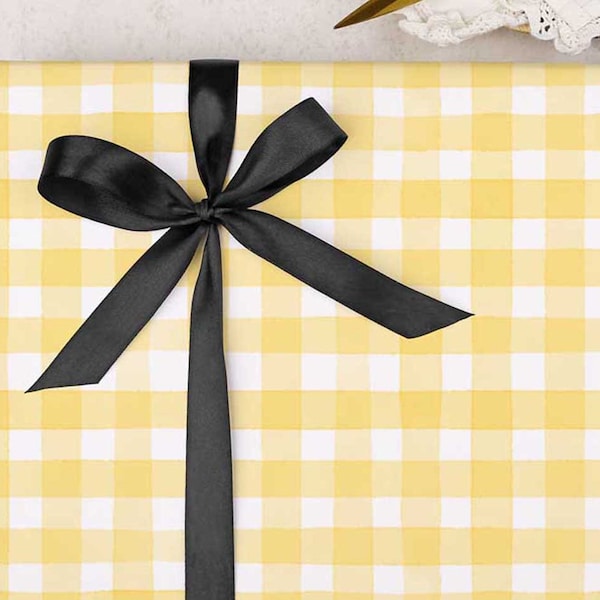 Wrapping Paper for her | Yellow gingham, checked gift wrap | FOLDED single sheet wrap in a beautiful matt finish with added ribbon