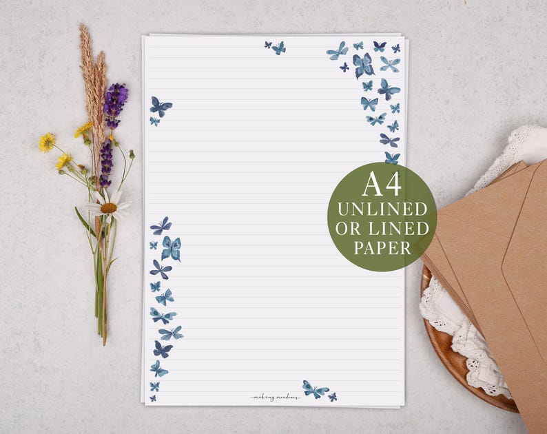A4 Letter Writing Paper With Blue Butterfly - Lined or Unlined ...