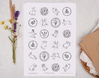 Hoja de pegatinas de conejo de Pascua: papelería para sellar sobres, escribir cartas o hacer manualidades infantiles.