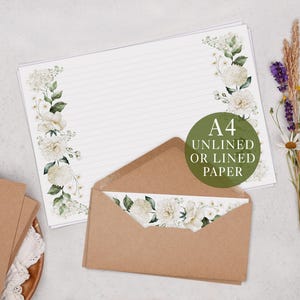 A4 Landscape Letter Writing Paper With White Botanical Flower - Lined or Unlined Stationery Set
