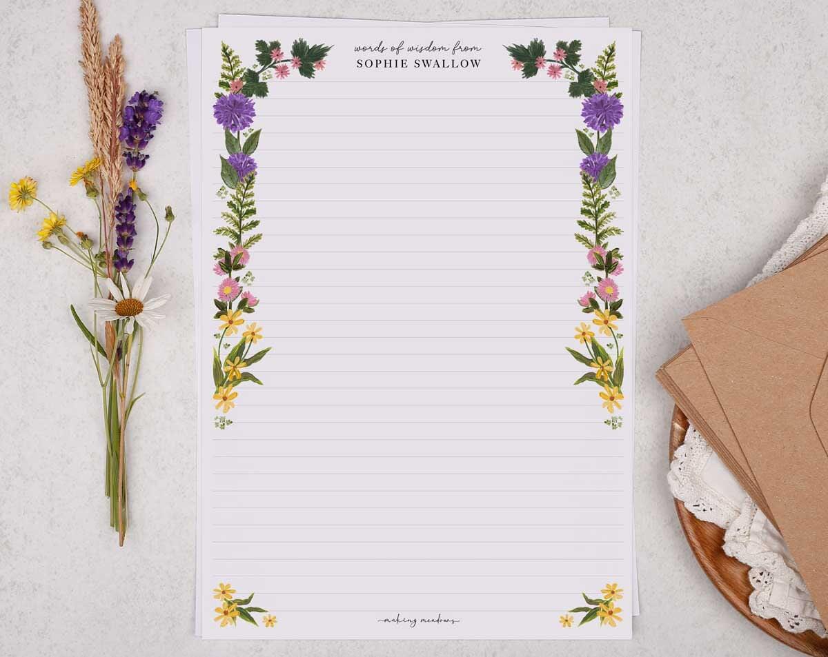 A4 Personalised Letter Writing Paper With Wild Meadow Flowers - Lined ...