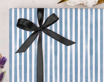 Wrapping Paper for Him | Blue Stripe gift wrap | FOLDED single sheet wrap in a beautiful matt finish with added ribbon