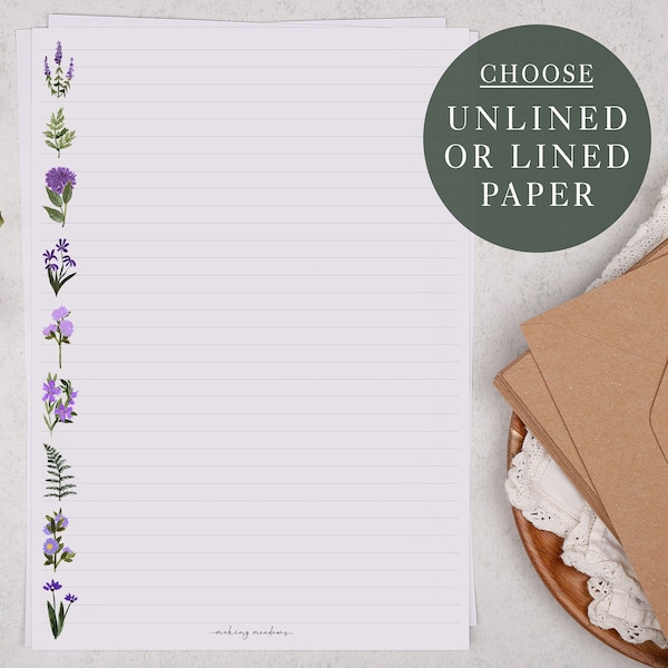 A4 Letter Writing Paper Sheets | Purple Wild Flower Fern Border | Lined or Unlined Paper | Stationery Gift or Thoughtful Letter Set Present