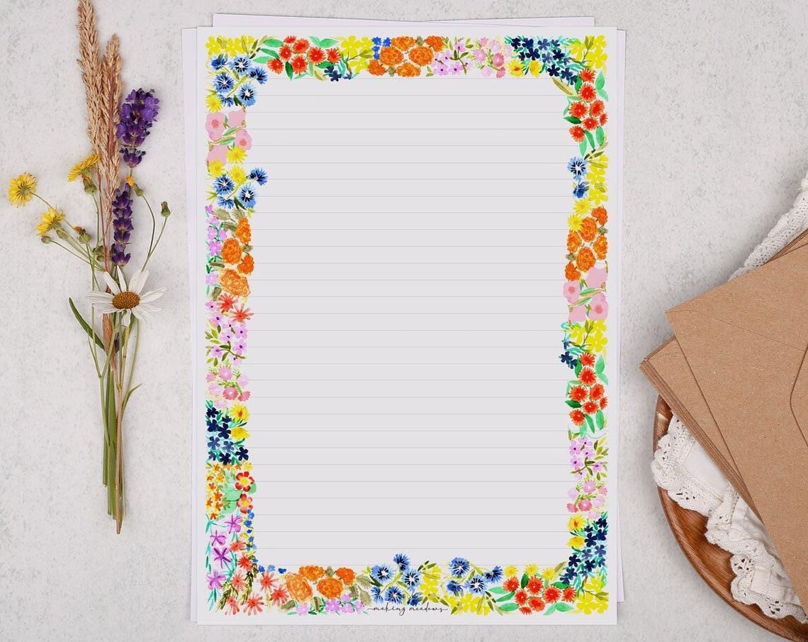 A4 Letter Writing Paper With Watercolour Floral Border - Lined or ...