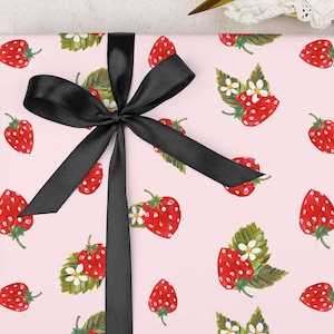 Wrapping Paper for Birthday | Cute Strawberry gift wrap | FOLDED single sheet wrap in a beautiful matt finish with added ribbon