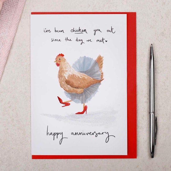 Funny Anniversary Card For Wife or Girlfriend | Pun Anniversary 'Chicken You Out' Card For Partner | Joke Chicken With Heels On Night Out