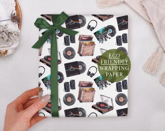 Birthday Wrapping Paper With Vinyl Record Player Music Design - Luxury Gift Wrap, Folded