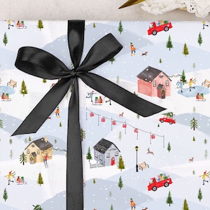 Christmas Wrapping Paper | Family gift wrap of snowy village | FOLDED single sheet wrap in a beautiful matt finish with added ribbon
