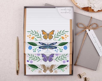 A5 Letter Writing Paper Butterfly Design, Kraft Envelopes - Lined or Unlined Stationery Set