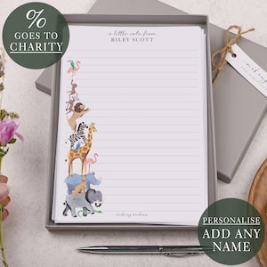 A5 Personalised Letter Writing Paper For Children | Zoo Animal Jungle Gift Box Set | Customise With Any Kids Name | % Goes To Charity