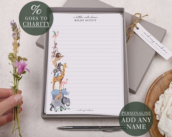 A5 Personalised Letter Writing Paper For Children | Zoo Animal Jungle Gift Box Set | Customise With Any Kids Name | % Goes To Charity