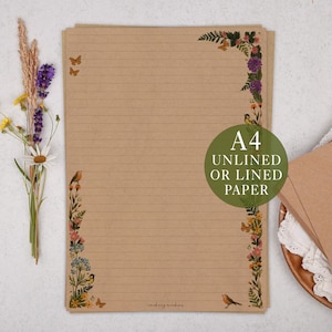A4 Kraft Letter Writing Paper With Meadow Flowers - Lined or Unlined Stationery Set