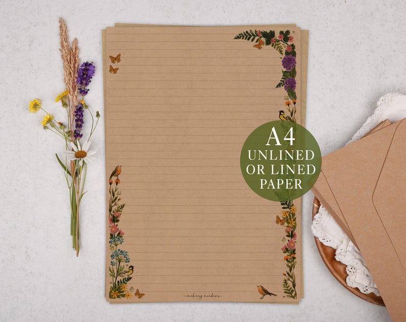 A4 Kraft Letter Writing Paper With Meadow Flowers - Lined or Unlined ...