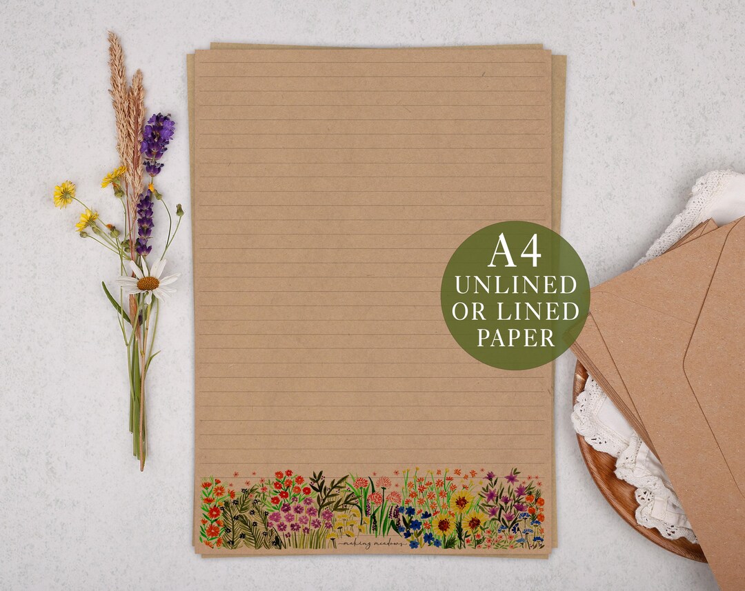 A4 Kraft Letter Writing Paper With Watercolour Flowers - Lined or ...