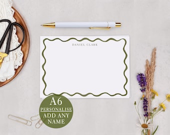 Personalised Notecard Set - Green Wavy A6 Note Card Stationery