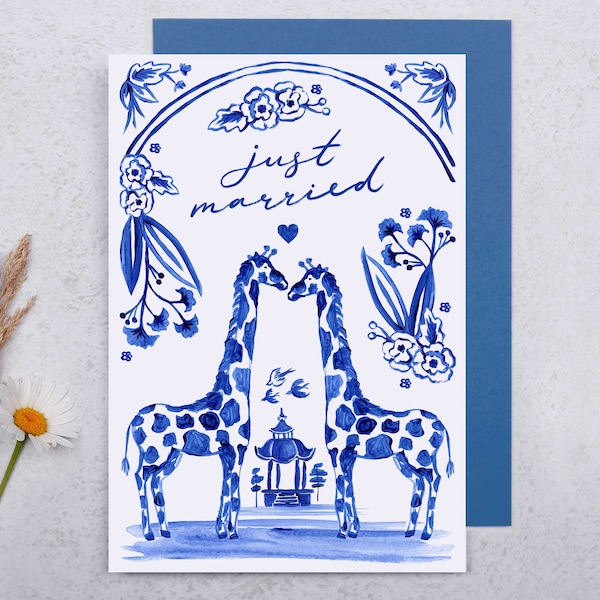 Just Married Card for Him or Her, Giraffe Floral Blue Porcelain Watercolour Design, Wedding Card, Married Couple Card, Congratulations Card