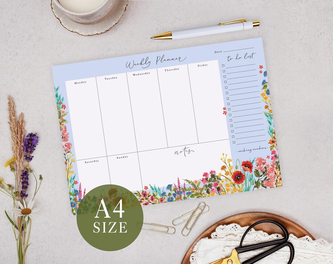 Weekly Planner Pad With Blue Floral Design - Office Desk Scheduling ...