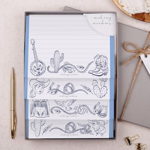 Cowboy Letter Writing Set With Blue Envelopes | Wild West Gift Box or Flat Pack | County and Western 32 Writing Paper Sheets & 16 Envelopes
