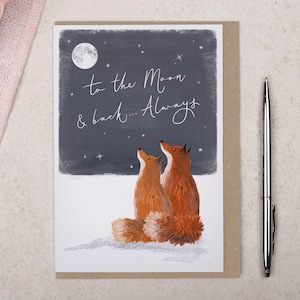 Fox Anniversary Card for Him or Her, To the moon and back Foxes, Wedding Anniversary Card for Husband, Wife, Girlfriend, Boyfriend, Partner